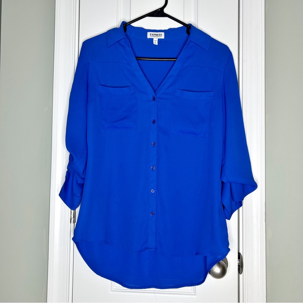 Express Vibrant Bright Blue Women's V Neck Button-Up Blouse